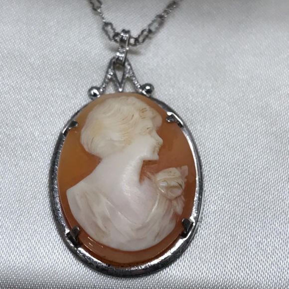 Antique Genuine Sterling Silver Shell Large Cameo Necklace Artist Signed 19c - Picture 1 of 14
